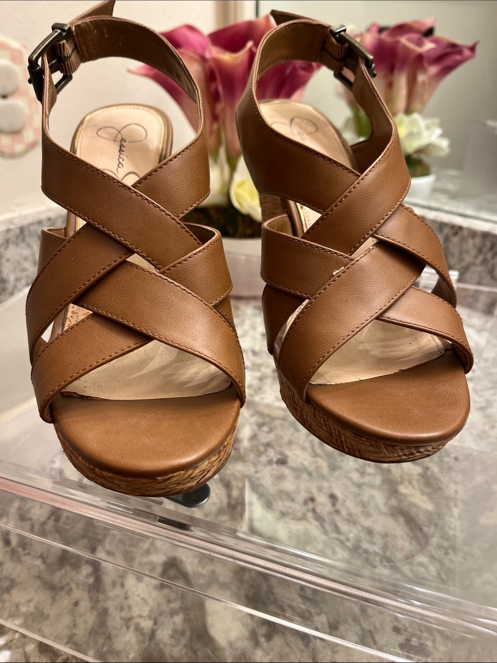 Jessica Simpson Tan Crisscross Platform Wedge Sandals